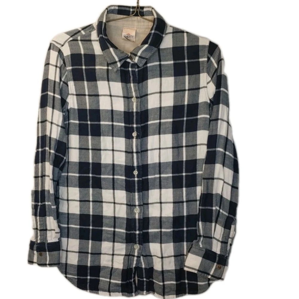 Faherty Reversible Soft Flannel Shirt Men Sz Med Button Blue Plaid Beige Preppy